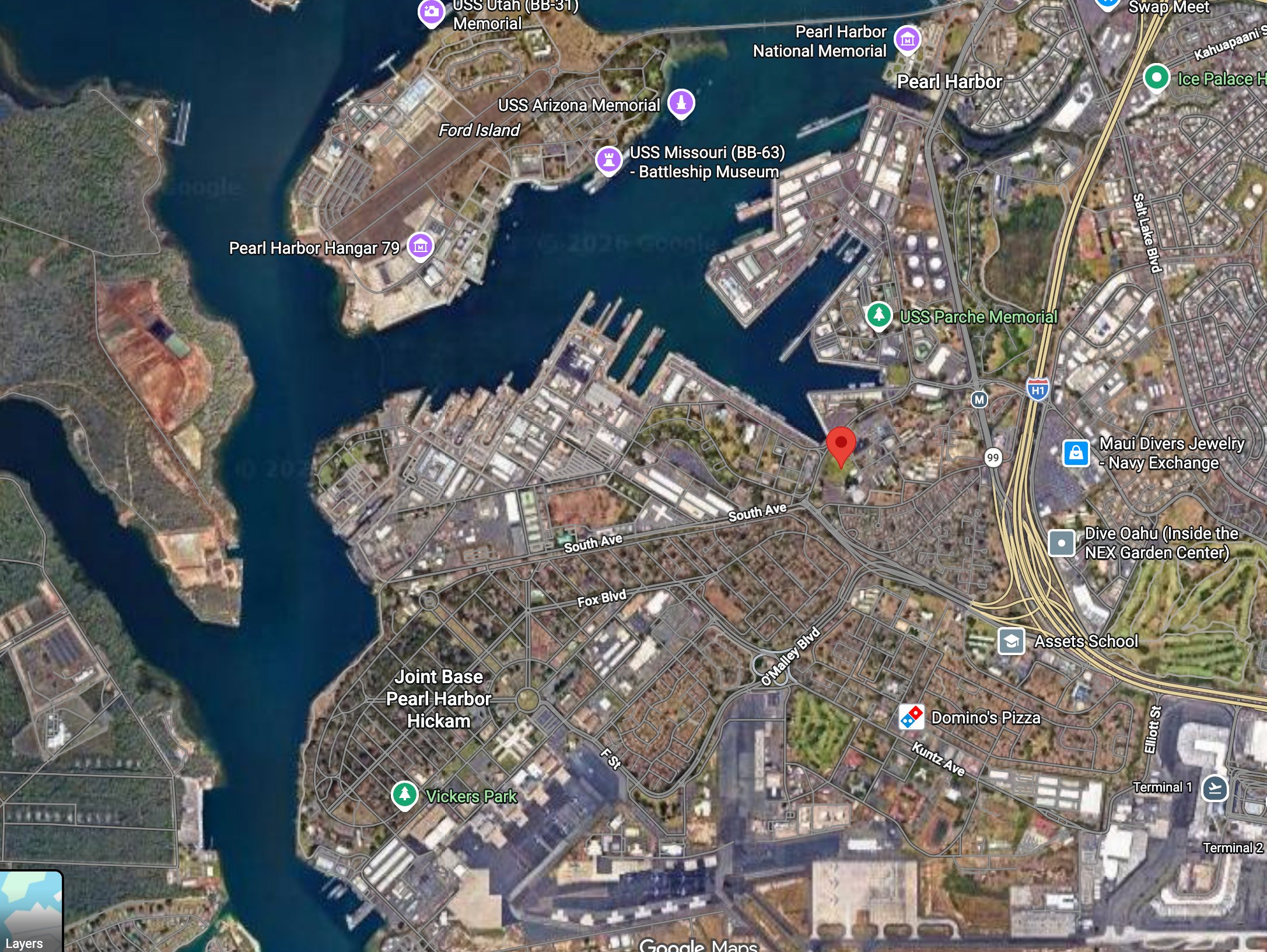 JBPHH regional context showing Ward Field, Ford Island, and Pearl Harbor